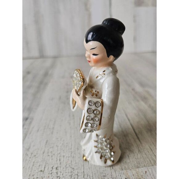 Lefton vintage geisha lady fan statue figurine rhinestone Japanese - Picture 2 of 8